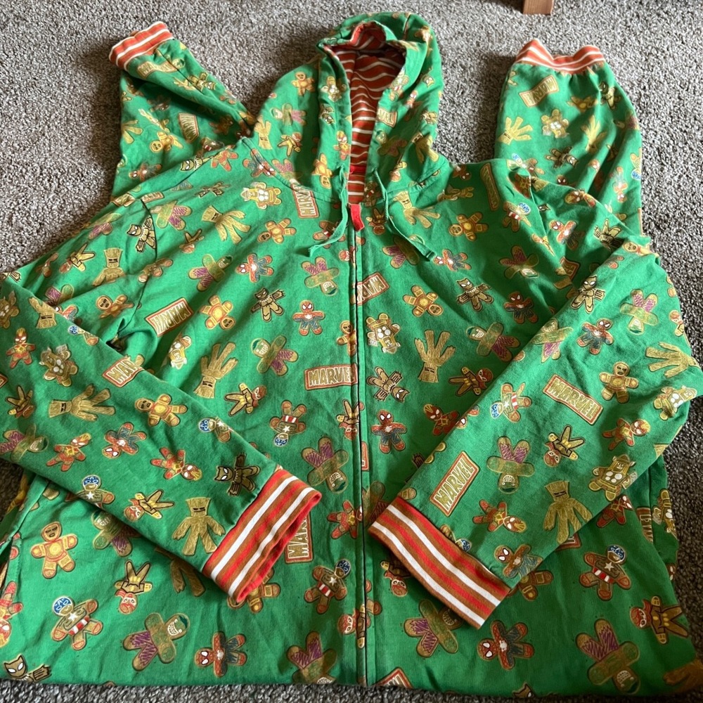 Disney Store Hooded Marvel Gingerbread‎ Superhero Bodysuit Holiday Pajama Size L